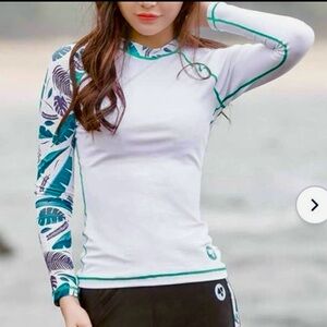 NWT Layatone Teal Plants of Paradise Print Rash Guard UPF 50 White/Teal S